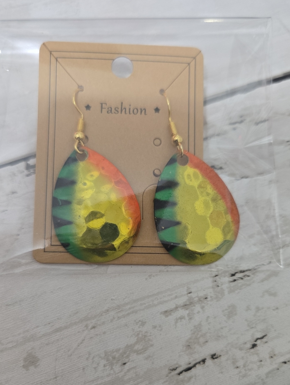 Fishing Spinner Blade Multicolor Teardrop Earrings - Yellow, Green & Orange